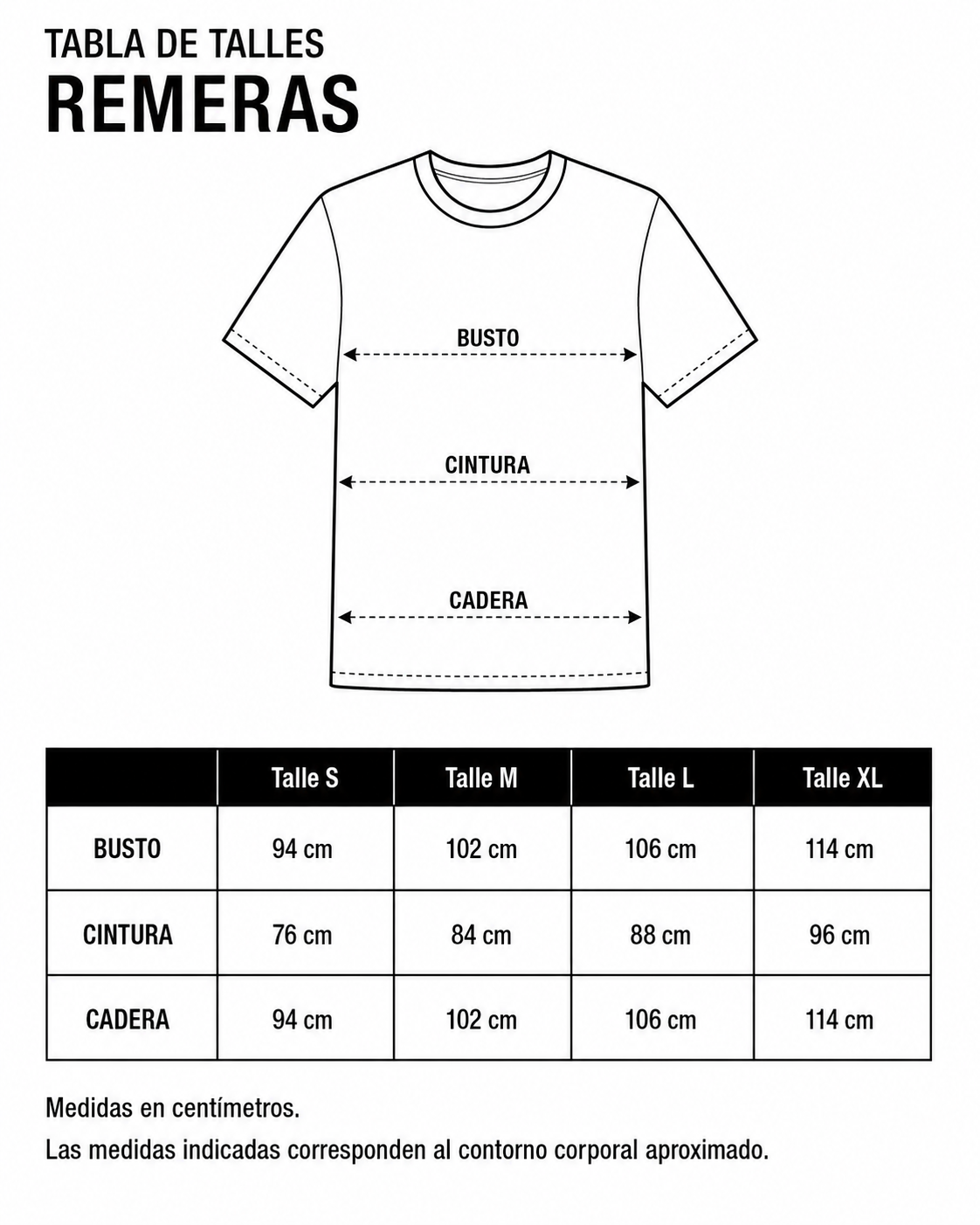 Tabla de talles de Remeras Oversize Cráneo Company con medidas de busto, cintura y cadera en talles S, M, L y XL.